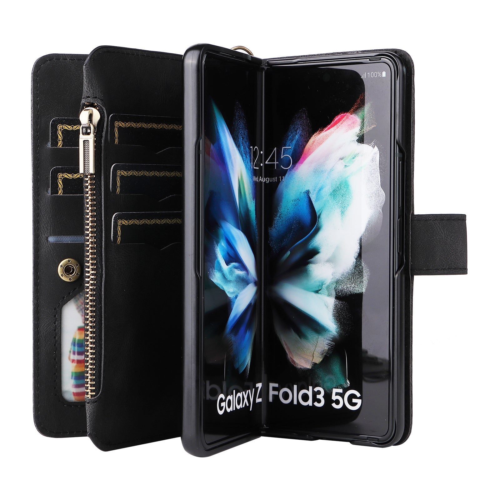 Samsung Galaxy Z Fold 3 Zipper Phone Case Wallet with Multi Card Slots Kick Stand