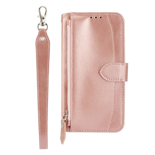 Oil Wax Zipper Phone Case Wallet with Wrist Strap and Card Slots for iPhone