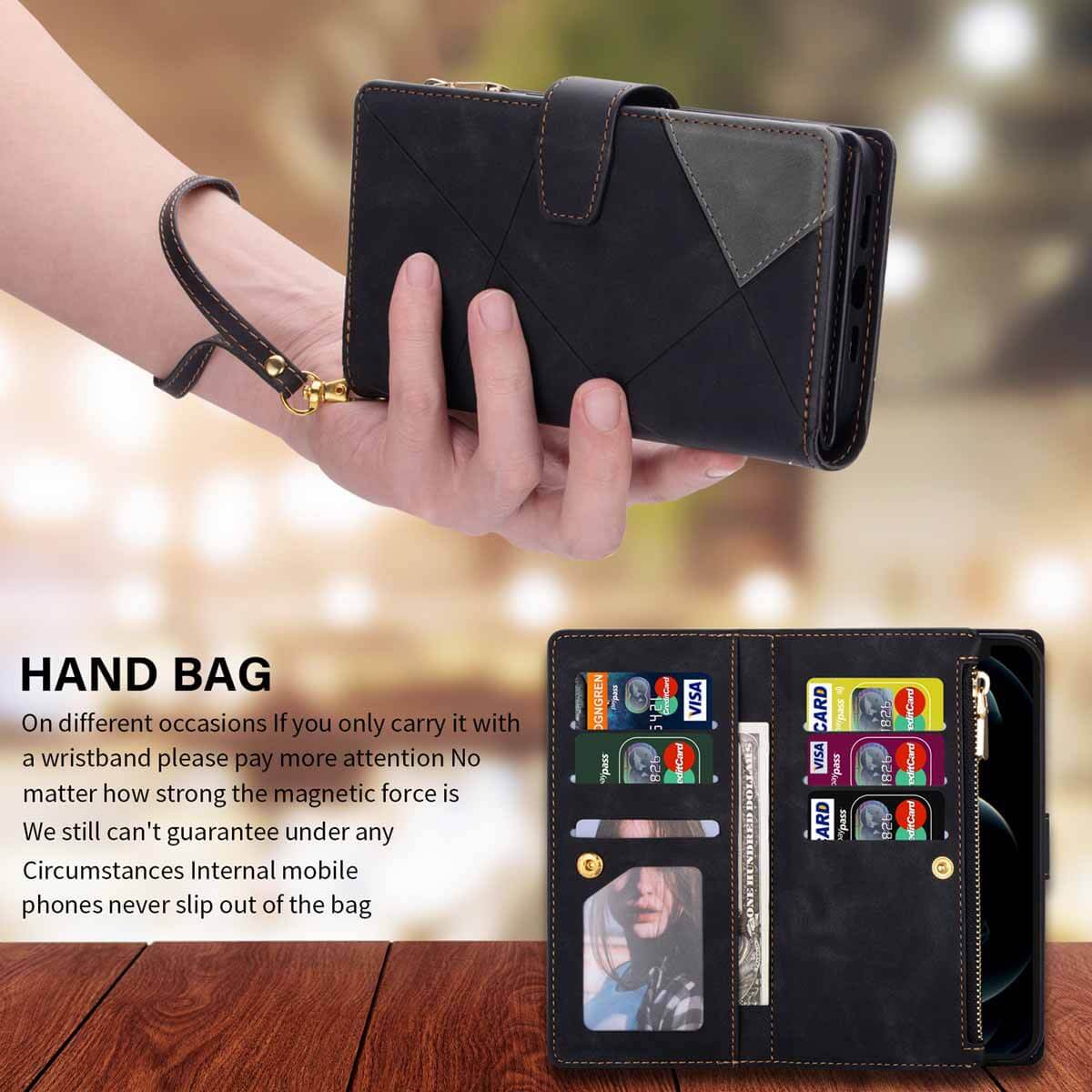 Multi Card Slots Phone Wallet Case With Wrist Strap For Samsung Galaxy S22, S22 Plus, S22 Ultra