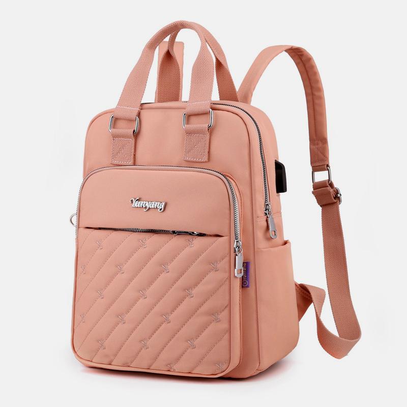 Lightweight Embossing Embroidery Backpack With USB Charging Port-popmoca-Backpacks 