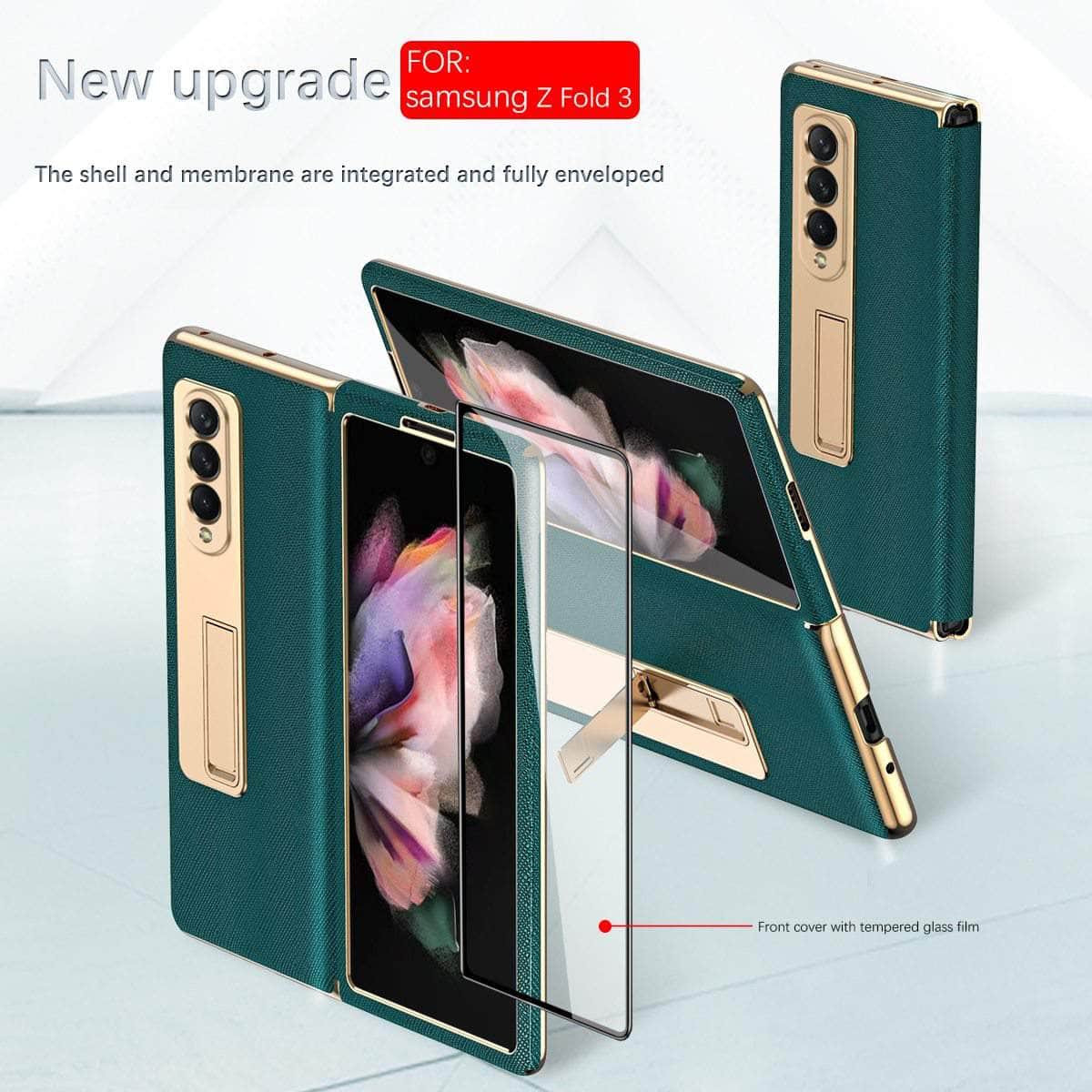 Samsung Galaxy Z Fold 3 Luxury Leather Hybrid Plating PC with Kickstand Cover Shockproof Protective Fold Case-popmoca-Mobile Phone Cases 