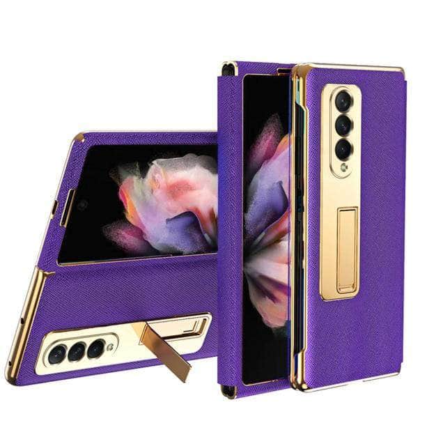 Samsung Galaxy Z Fold 3 Luxury Leather Hybrid Plating PC with Kickstand Cover Shockproof Protective Fold Case-popmoca-Mobile Phone Cases 