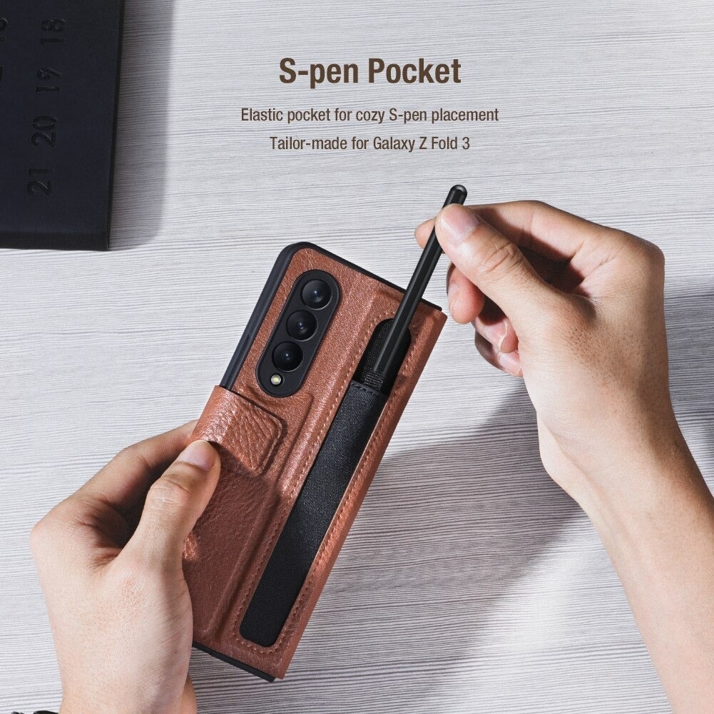 Samsung Galaxy Z Fold 3 Leather Phone Case Kickstand with S Pen Slot (S Pen Not Included)-popmoca-Mobile Phone Cases 