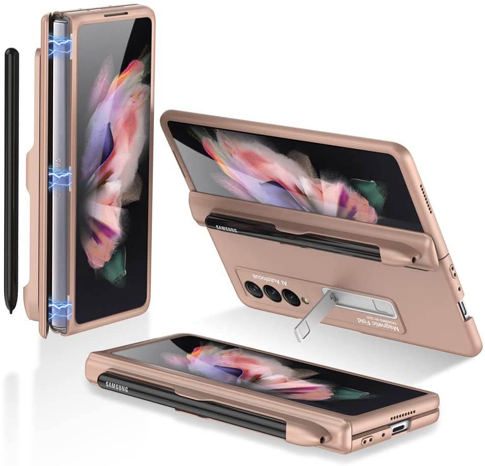 Samsung Galaxy Z Fold 3 Hinge Coverage Protective Case with Built-in Magnetic Kickstand PC Shockproof Cover