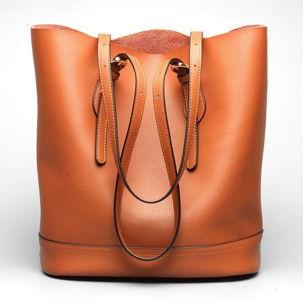 Women Genuine Leather Handbag High End Tote Bag Bucket Bag - popmoca